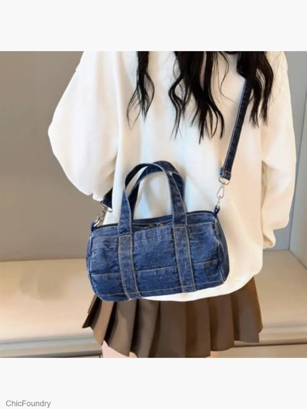 Denim Barrel Crossbody Satchel Handbag with Zipper - Trendy Minimalist